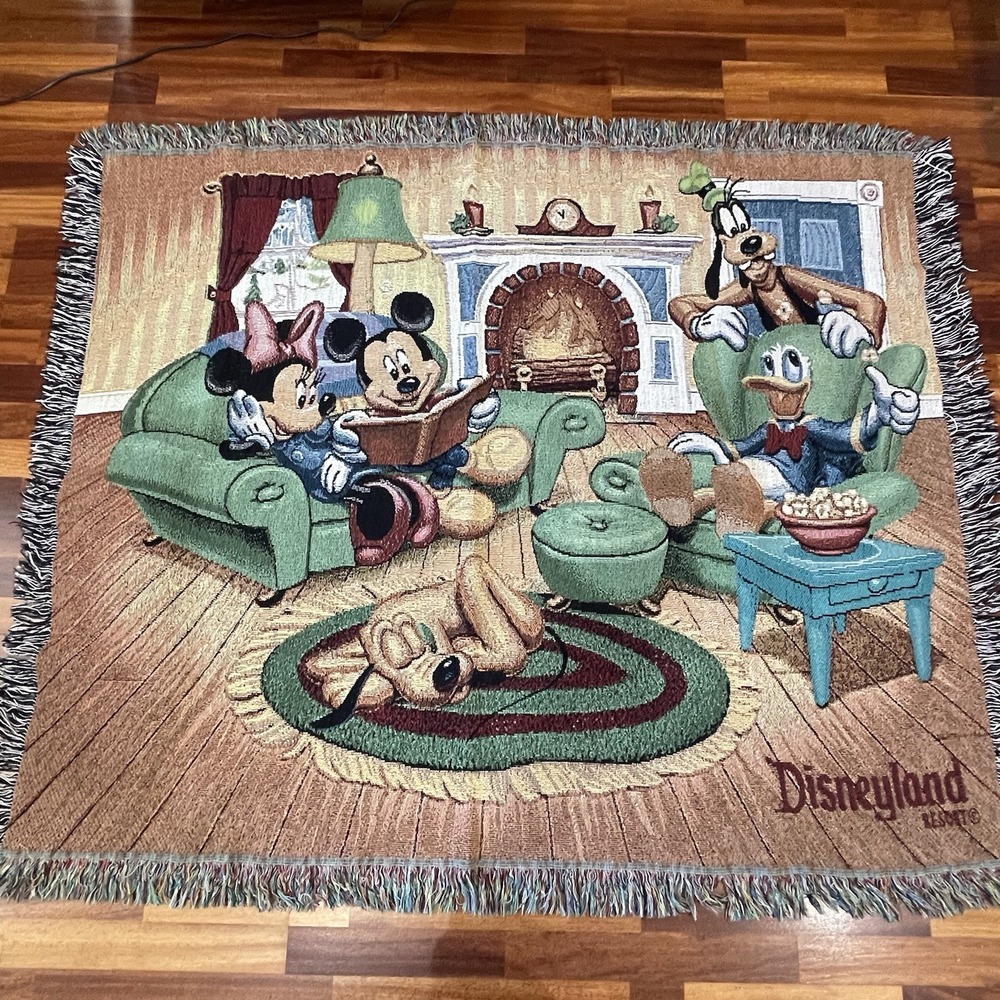 Vtg Disneyland Resort Mickey Minnie Tapestry Throw Blanket Fireplace Cozy Woven